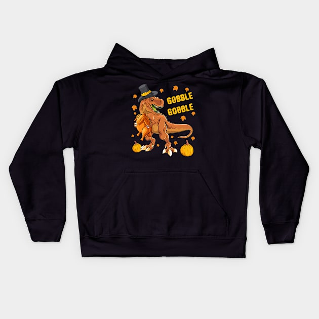 Gobble Dinosaur Wearing Turkey Costume Thanksgiving Kids Hoodie by everetto